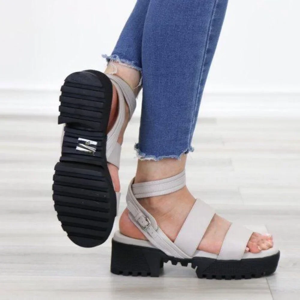 Gray Chunky Heel Sandals Multi Strap Buckle Closure Open Toe